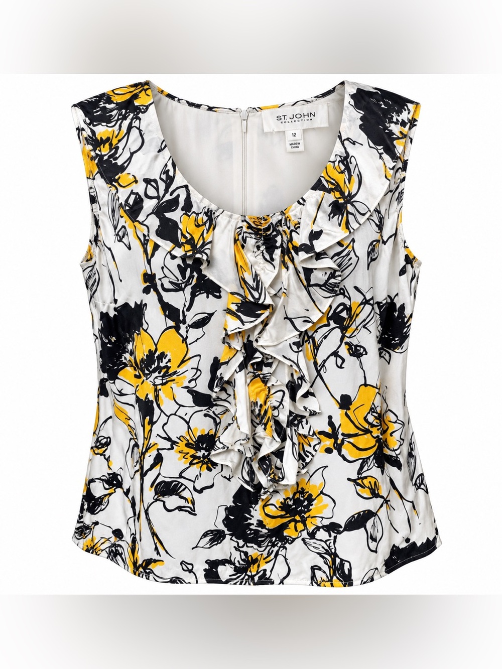 St John Collection 100% Silk Floral Ruffle Blouse Sz 12 Quiet Luxury Top